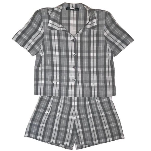 Vintage 90s Gray Plaid 2 Piece Set Preppy Business Casual Button Up Top & Shorts - Picture 8 of 10